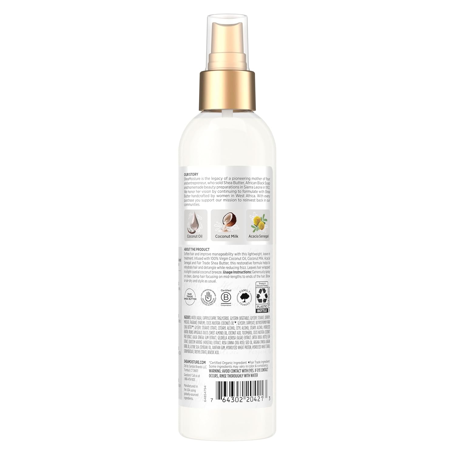 SheaMoisture 100% Virgin Coconut Oil Leave-In Treatment spray 237ml bottle with gold pump