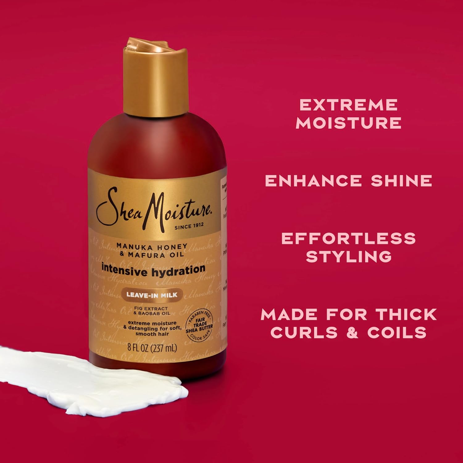 SheaMoisture Manuka Honey and Mafura Oil intensive hydration leave-in milk, 237ml bottle with gold cap