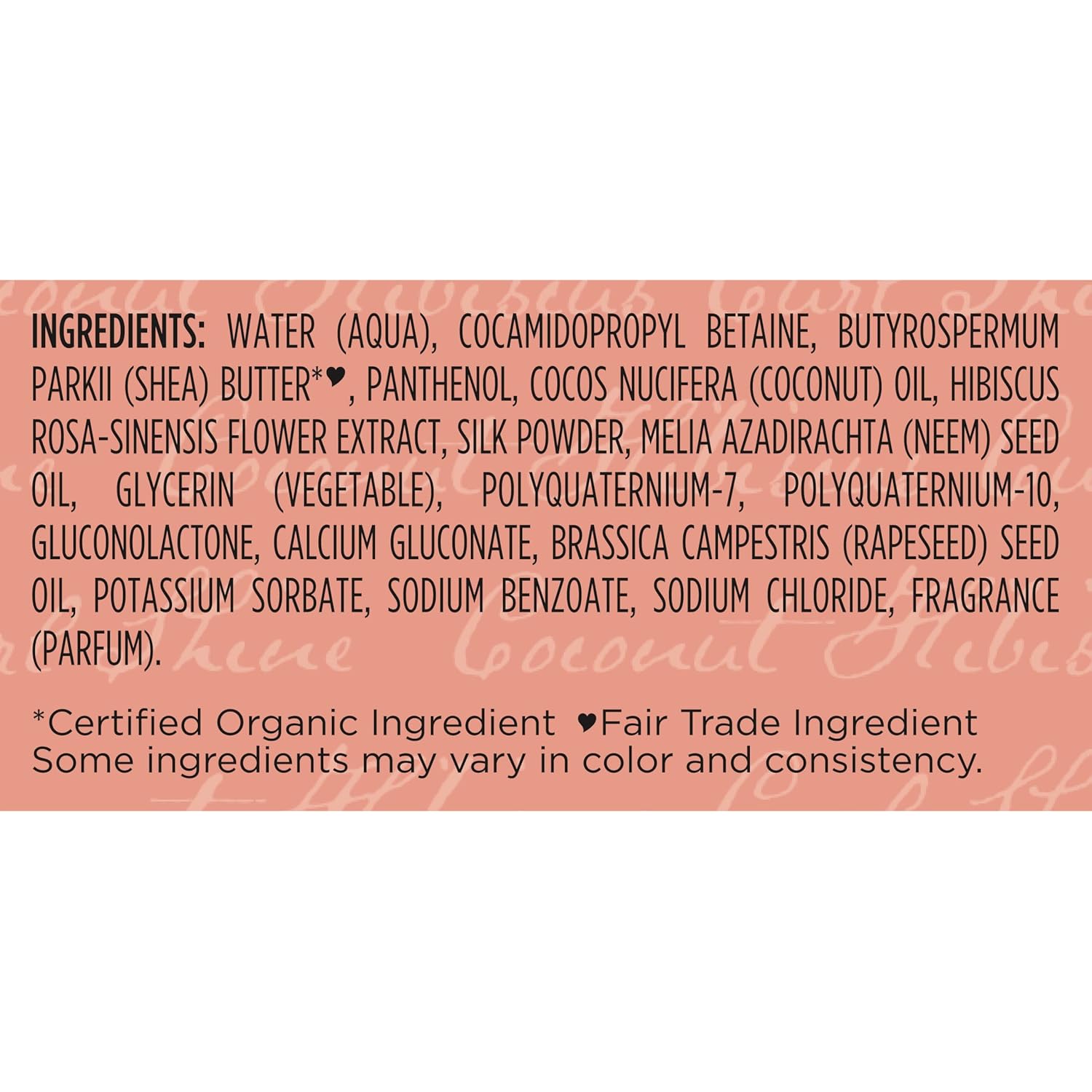 SheaMoisture Coconut & Hibiscus Frizz-Free Curl Mousse ingredients list on coral background