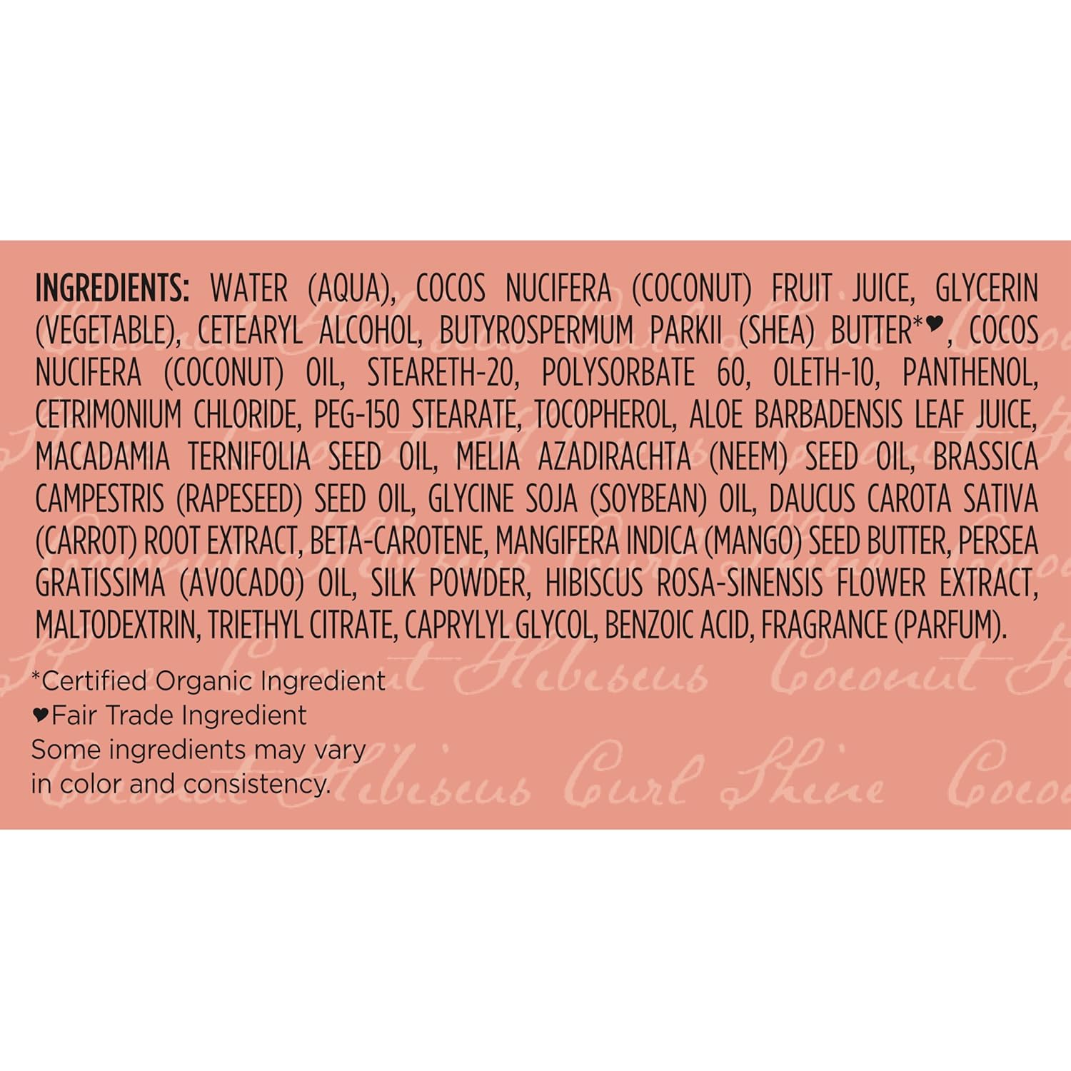 Shea Moisture Coconut and Hibiscus Curl Enhancing Smoothie ingredients list on peach background