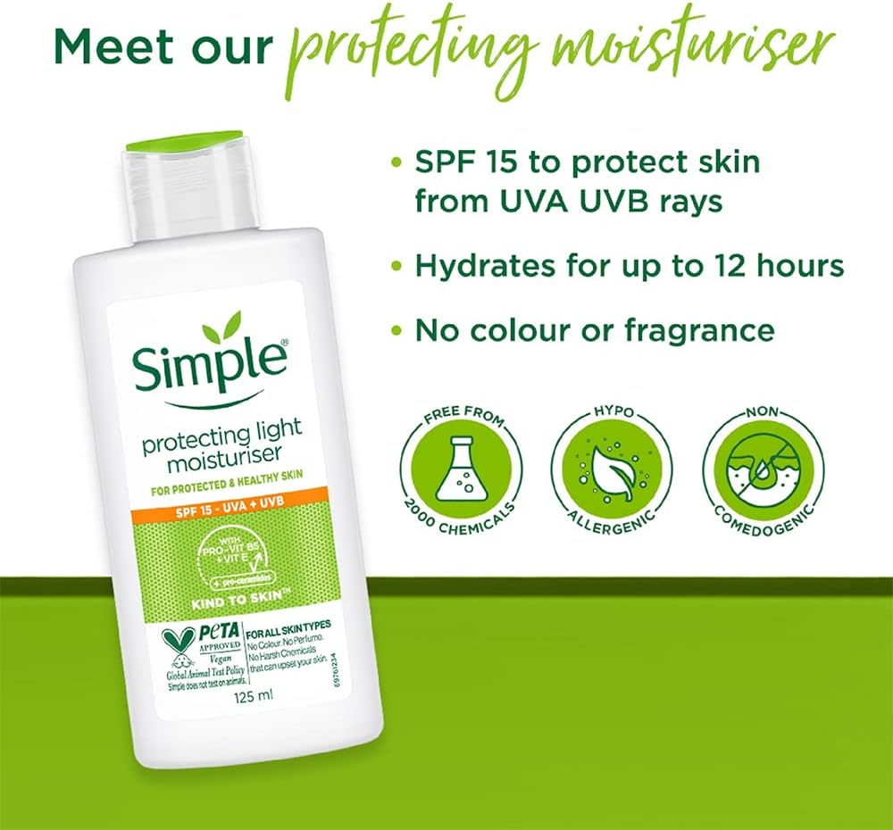 Simple Kind to Skin Protecting Light Moisturiser SPF 15, 125ml bottle with green cap