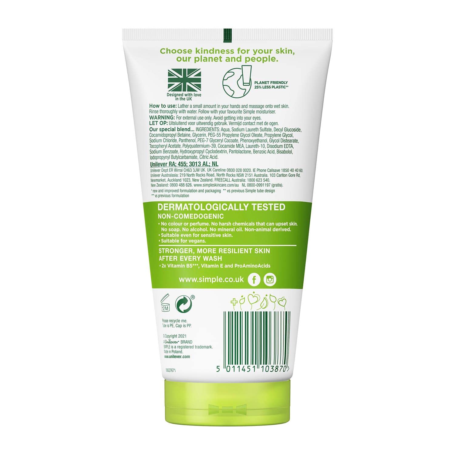 Simple Kind to Skin Moisturising Facial Wash 150ml tube with green label