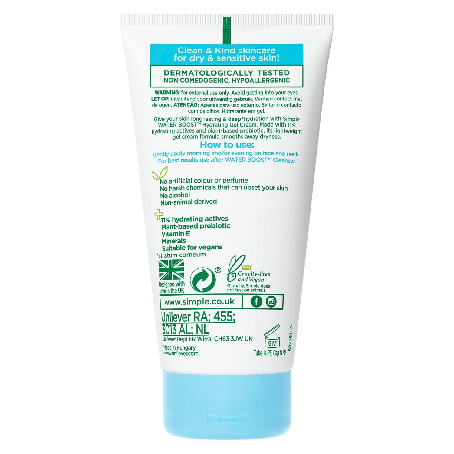Simple Water Boost Hydrating Gel Cream 50ml tube with turquoise base