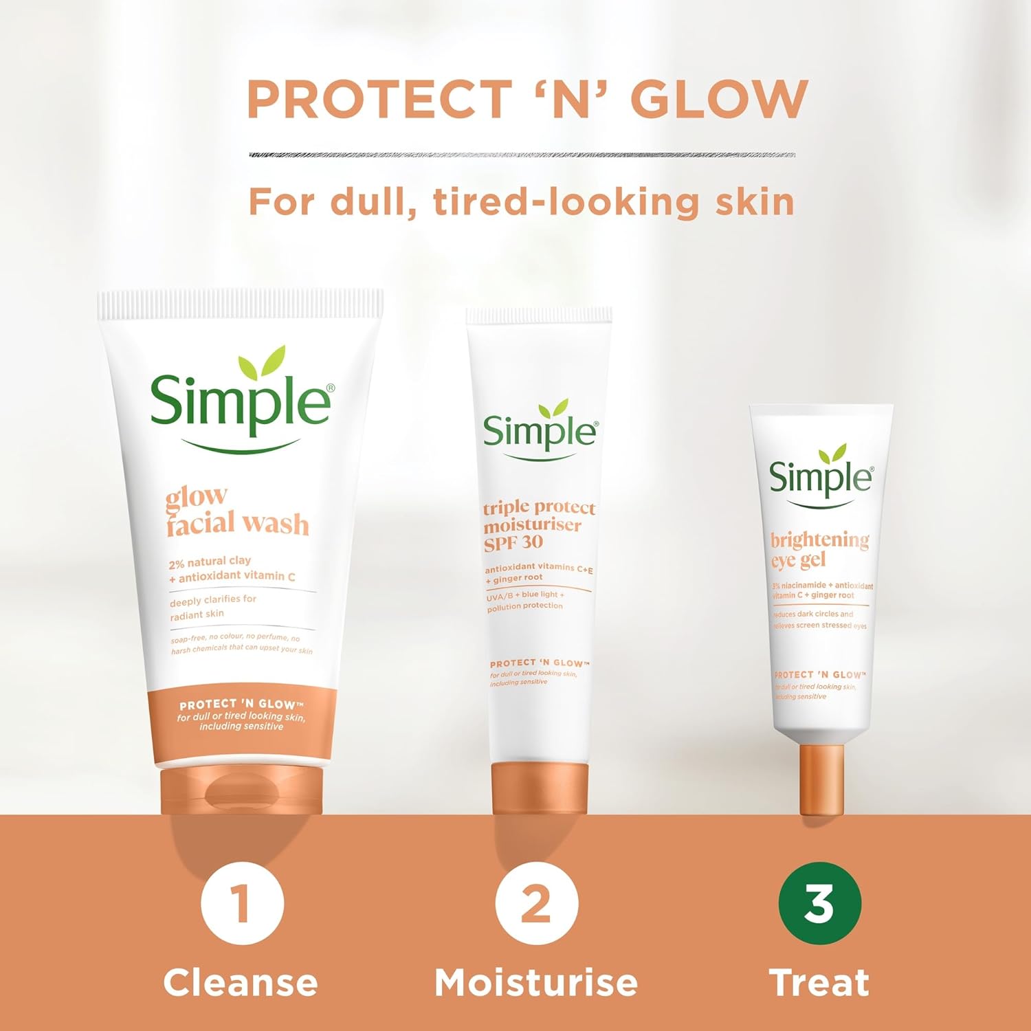Simple Protect 'n' Glow Brightening Eye Gel 25ml white tube with copper cap