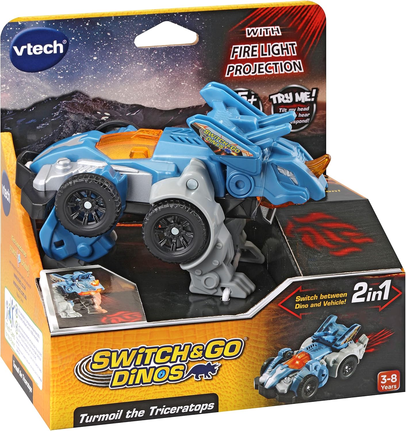 VTech Switch & Go Dinos blue Triceratops 2-in-1 transforming toy with fire light projection