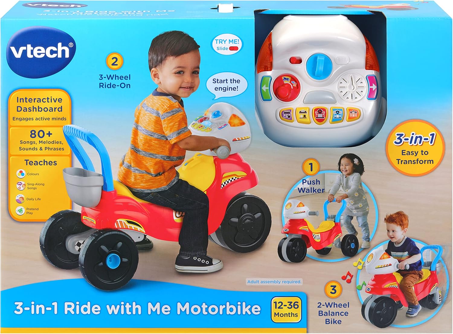 VTech 3-in-1 Ride With Me Motorbike red three-wheel ride-on toy
