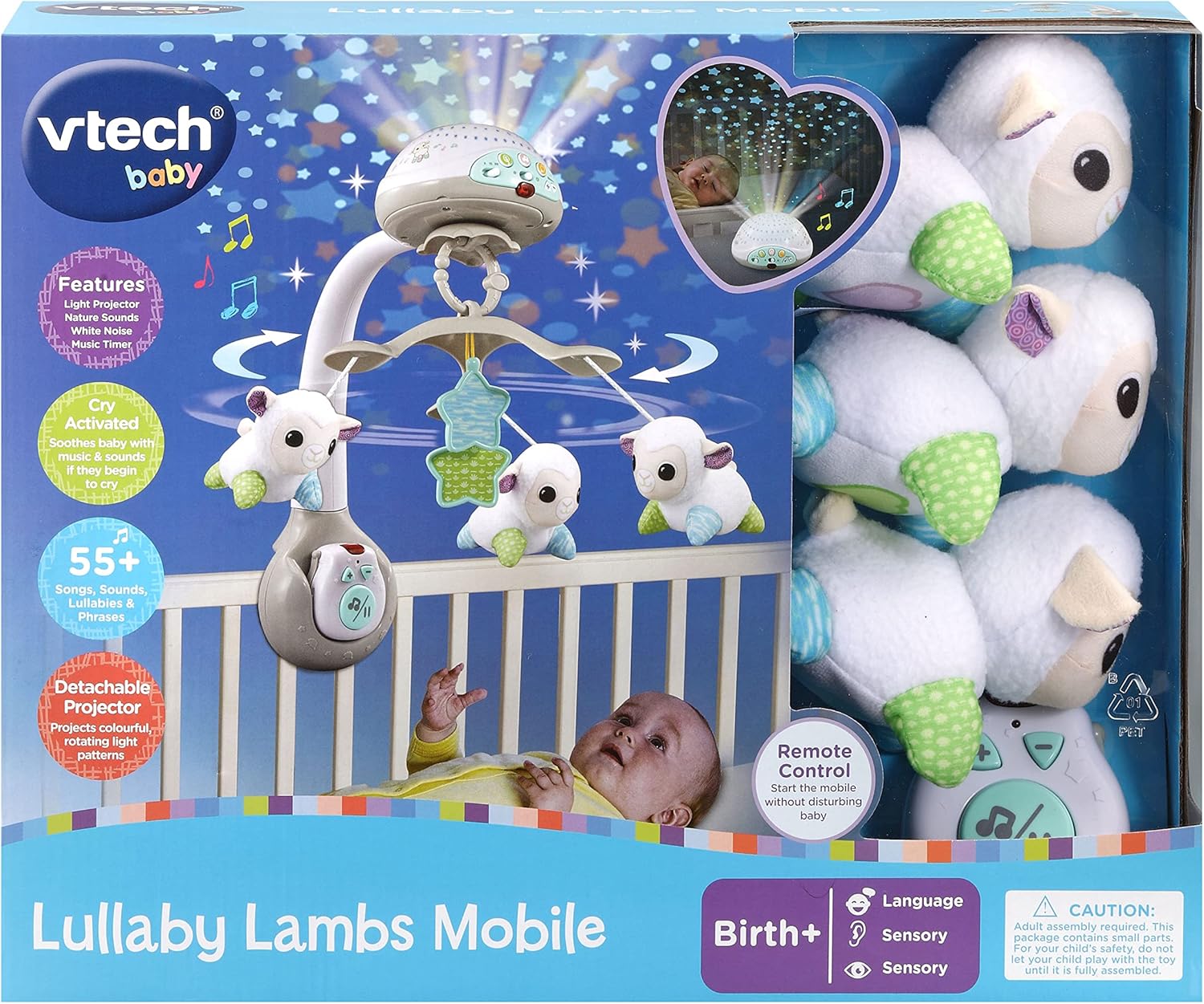 VTech Lullaby Lambs Mobile with white plush lamb toys and green leaves