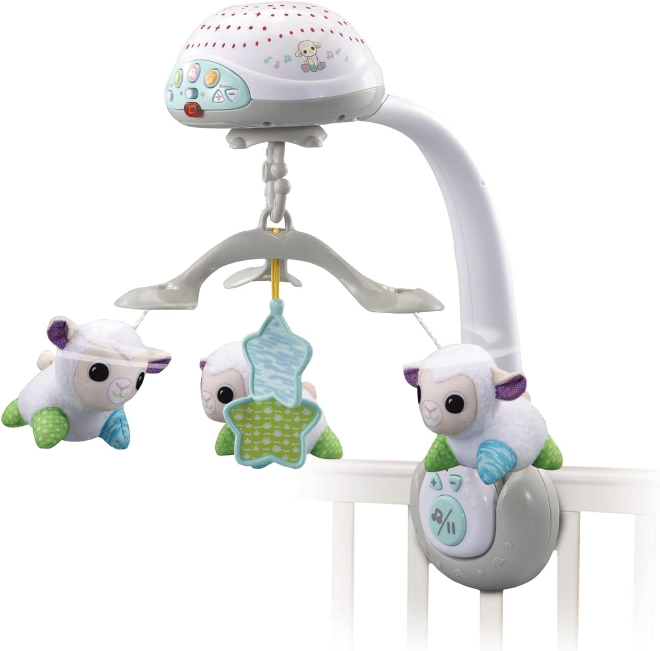 VTech Lullaby Lambs Mobile with white lamb toys and purple accents