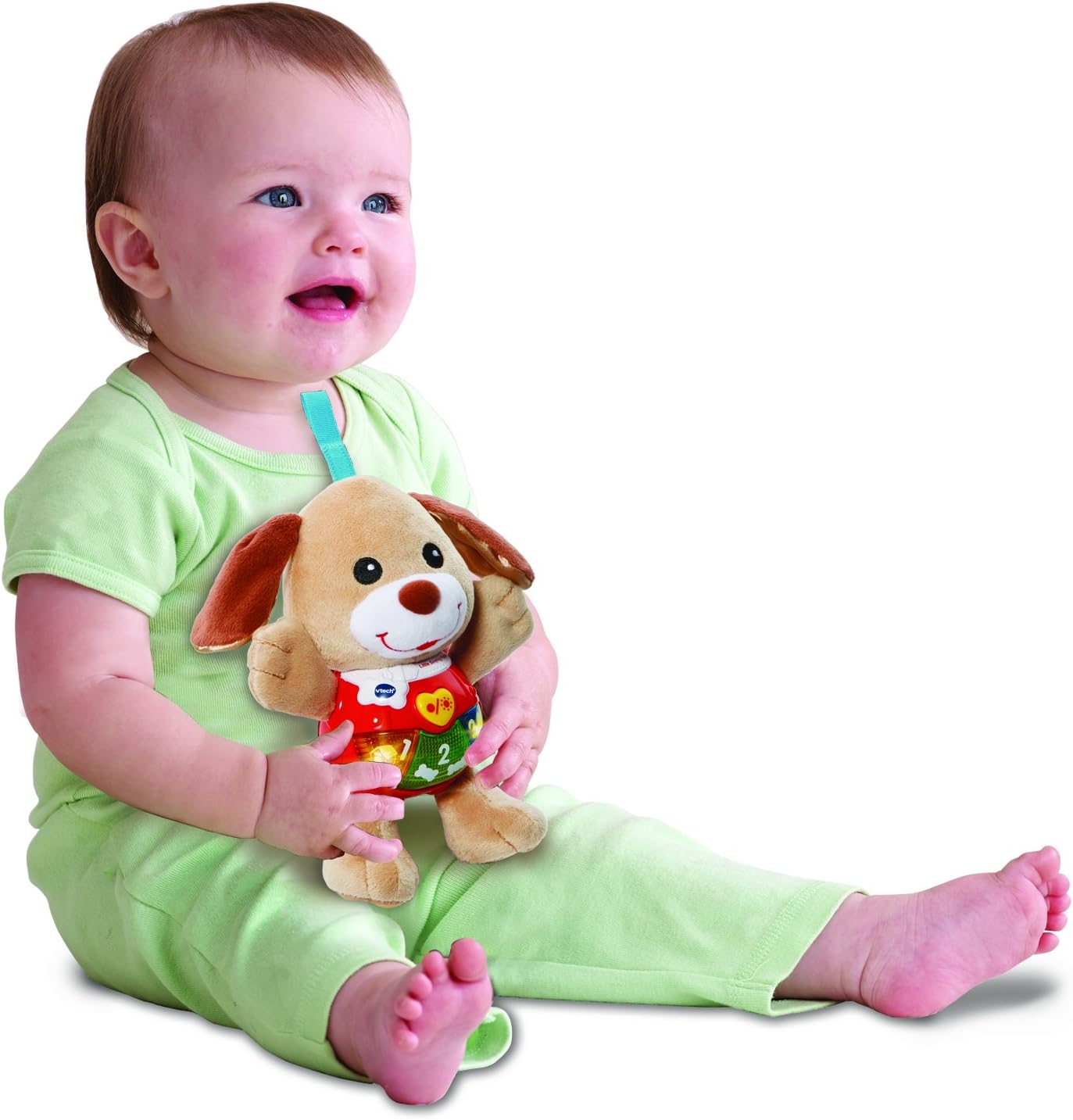 VTech Little Singing Puppy soft toy with red outfit and interactive buttons