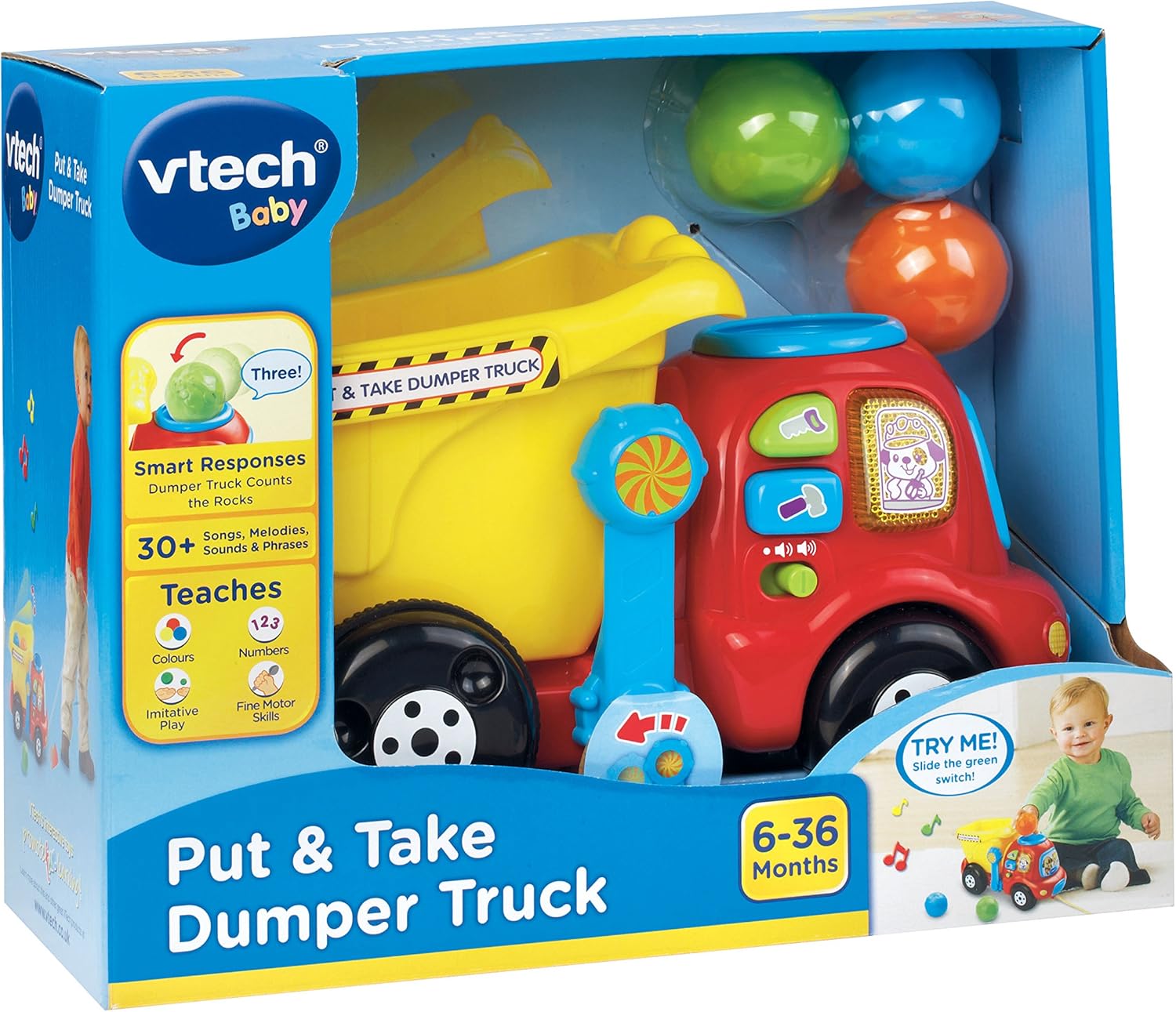 VTech Put & Take Dumper Truck red yellow with three coloured balls included