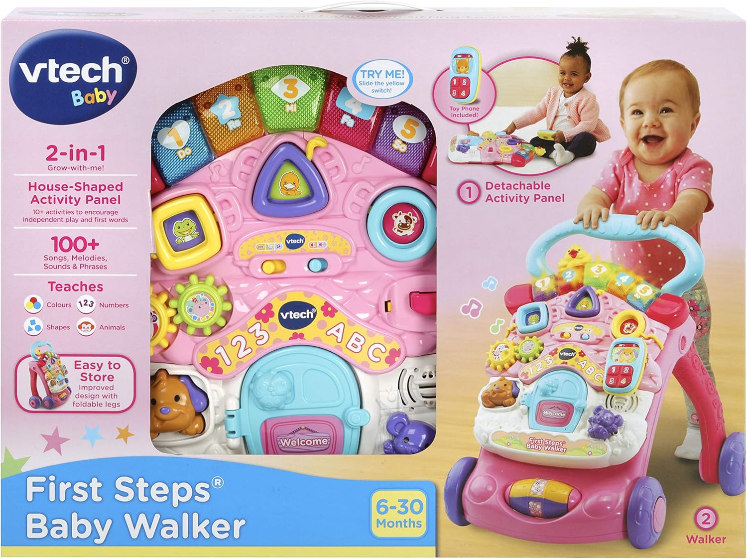 VTech First Steps Baby Walker pink 2-in-1 activity panel for six to thirty months
