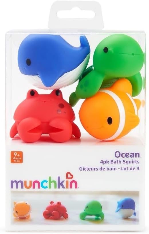 Munchkin Ocean Buddies four-pack bath squirters with whale, turtle, crab and clownfish toys