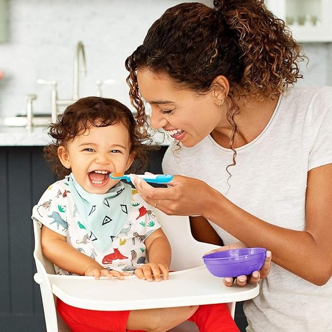 Munchkin Love-a-Bowls 10-piece feeding set with purple bowl and blue spoon