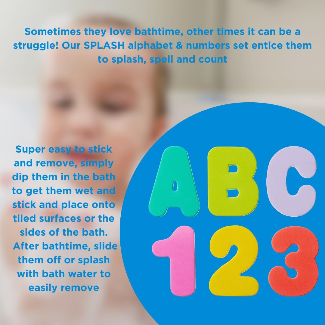 Vital Baby Hydrate Splash coloured letters and numbers bath toy set, blue backing