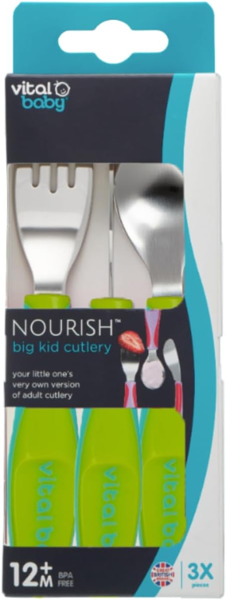 Vital Baby Nourish Chunky Cutlery Set three-piece fork spoon knife green handles