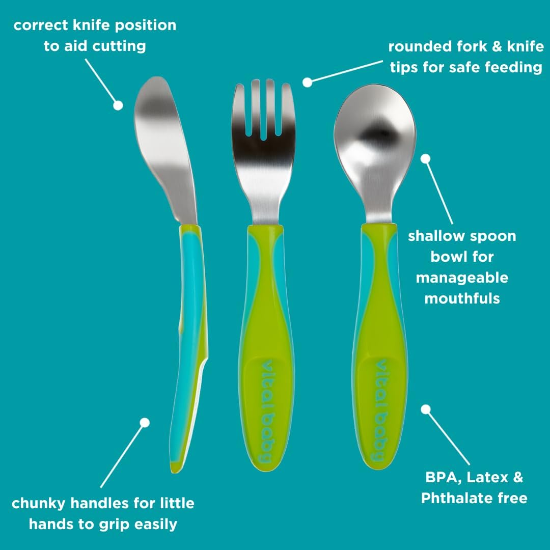 Vital Baby Nourish Chunky Cutlery Set in blue and green with knife, fork, spoon