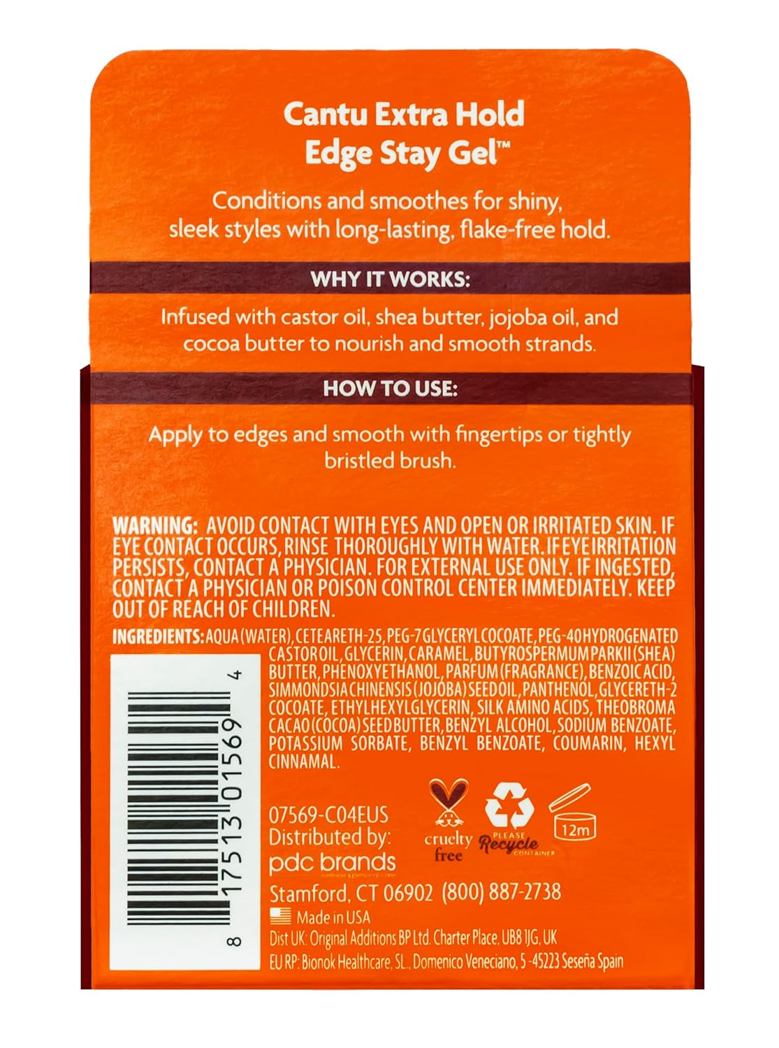 Cantu Shea Butter Extra Hold Edge Stay Gel 2.25oz orange jar back label
