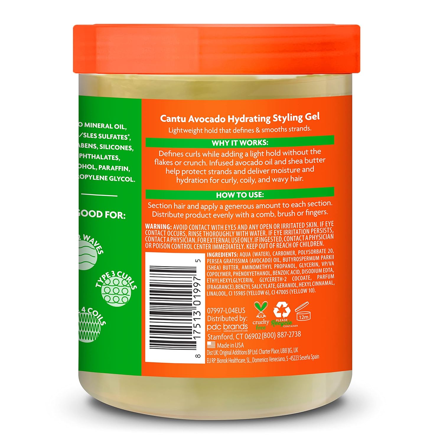 Cantu Avocado Hydrating Styling Gel with shea butter in clear jar with orange lid