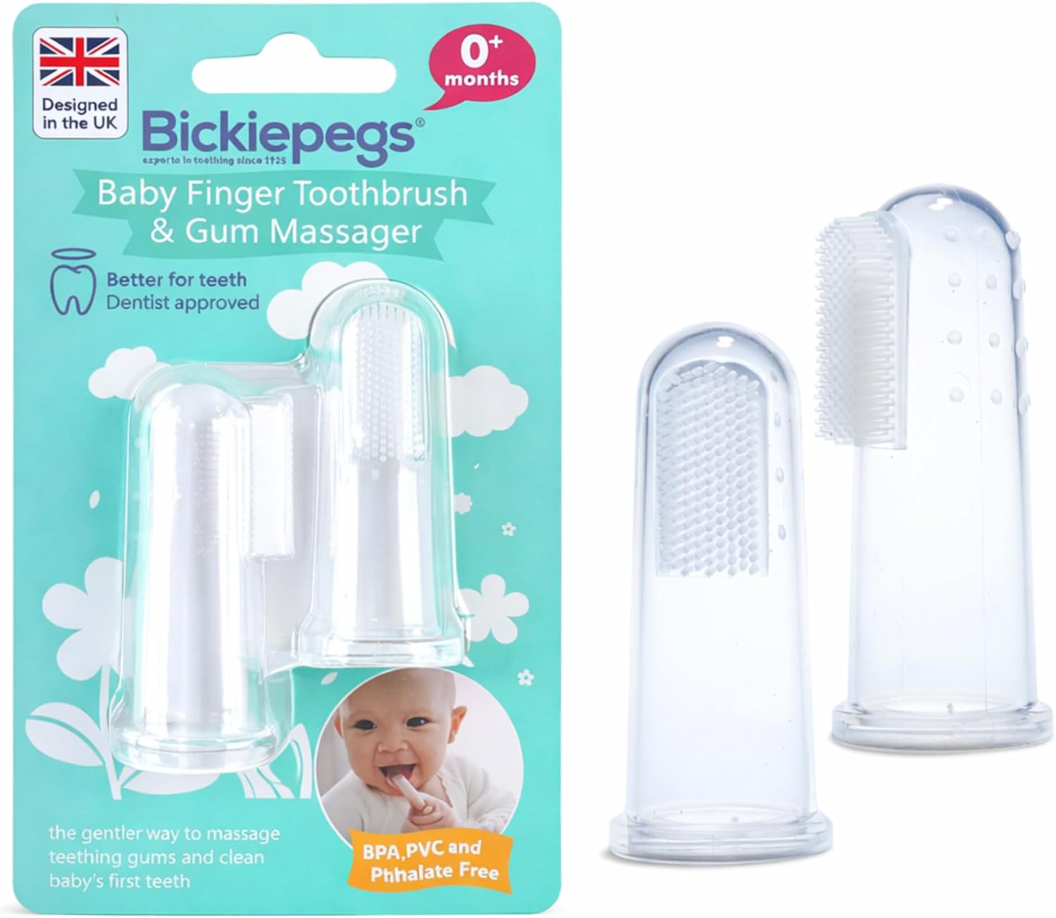 Bickiepegs baby finger toothbrush and gum massager twin pack, clear silicone