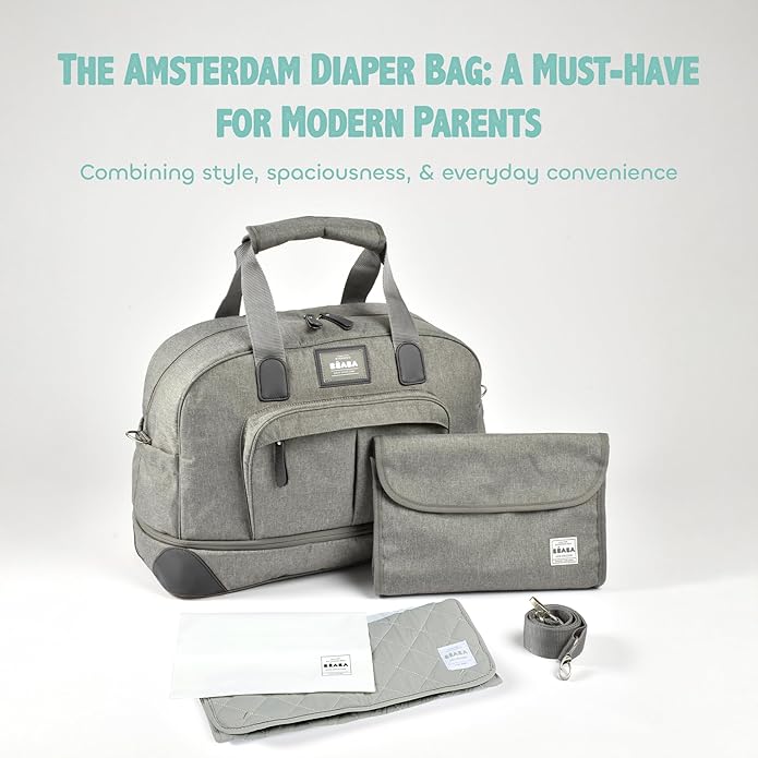 Béaba Amsterdam II expandable nappy bag in grey with changing mat and accessories
