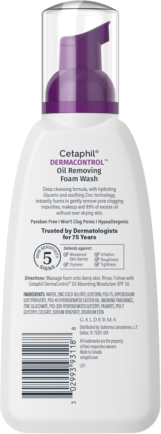 Cetaphil DermaControl Oil Removing Foam Wash 237 mL white bottle purple pump