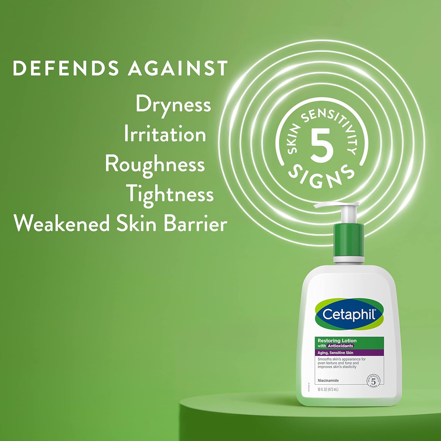 Cetaphil Restoring Body Lotion with Antioxidants 473ml bottle, green and white pump dispenser