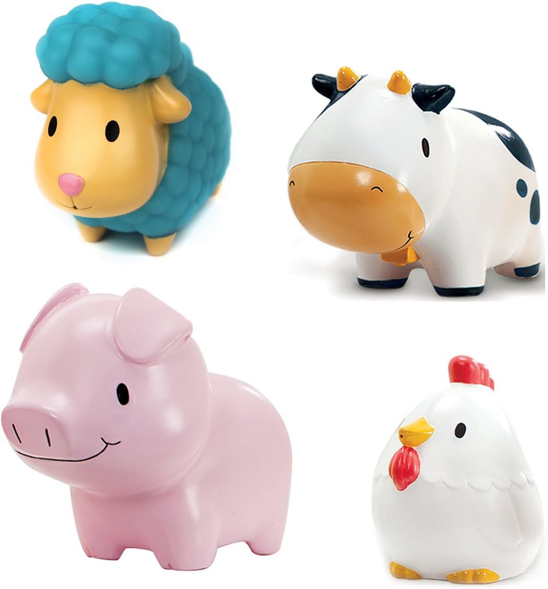 Munchkin Farm Bath Squirts four-pack featuring sheep, cow, pig and chicken toys