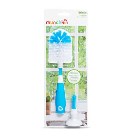 Munchkin Bristle Bottle Brush with blue handle and suction cup base