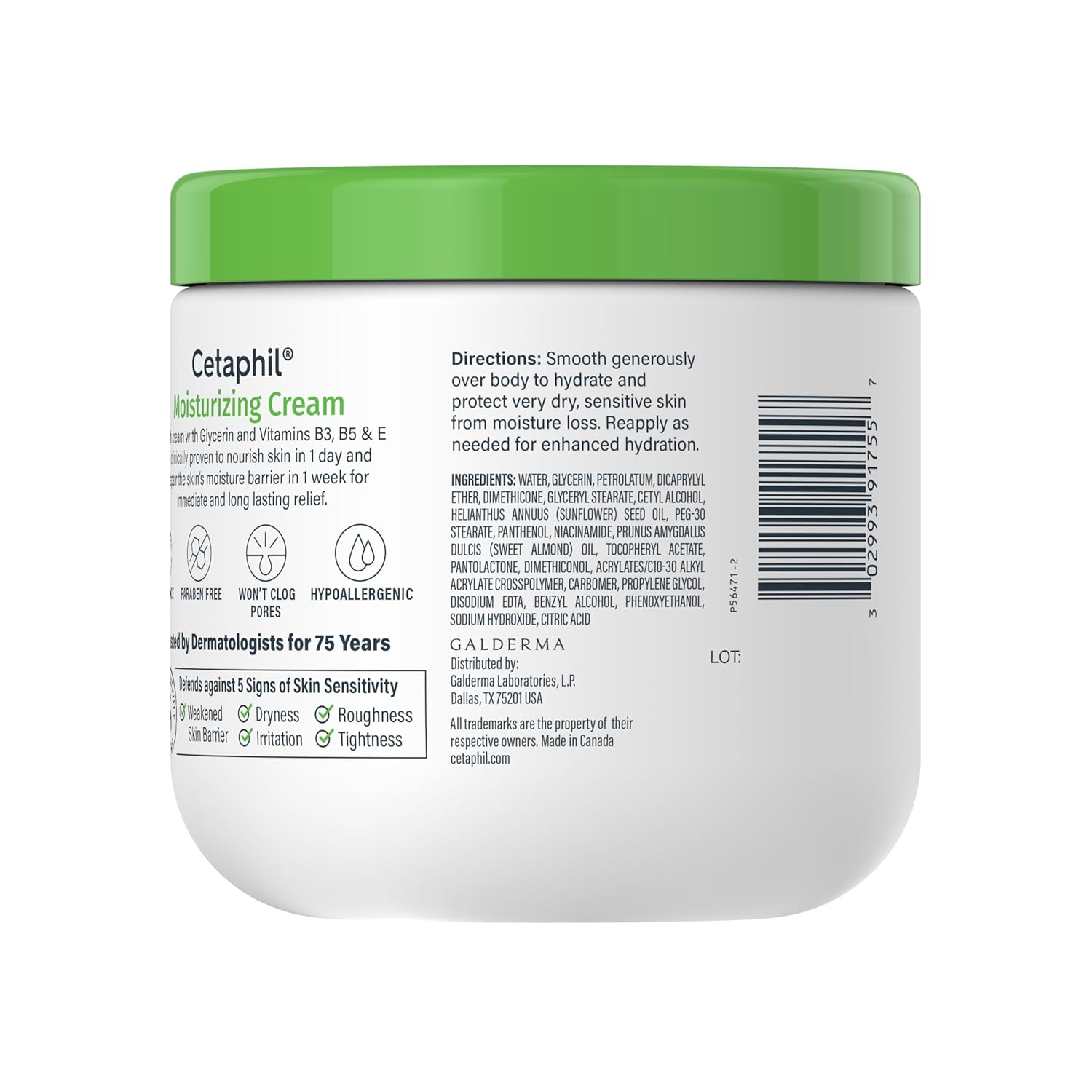 Cetaphil Moisturizing Cream 453g jar with green lid, hypoallergenic formula