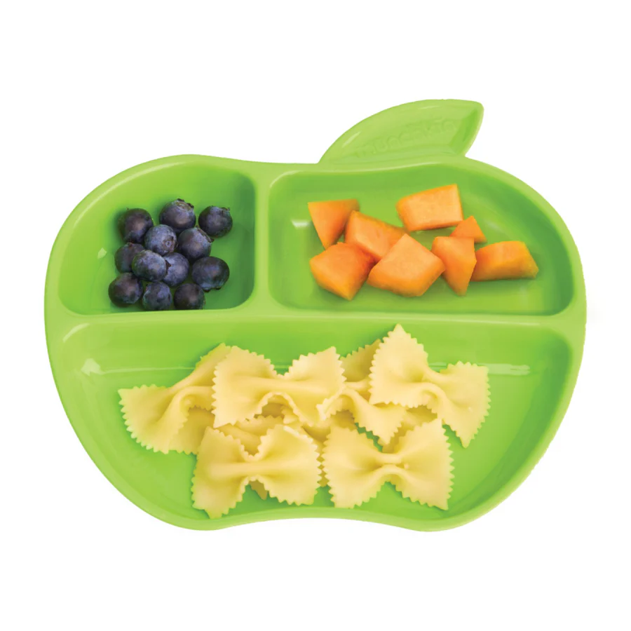 Munchkin Lil' Apple green divided plate with three compartments for baby food