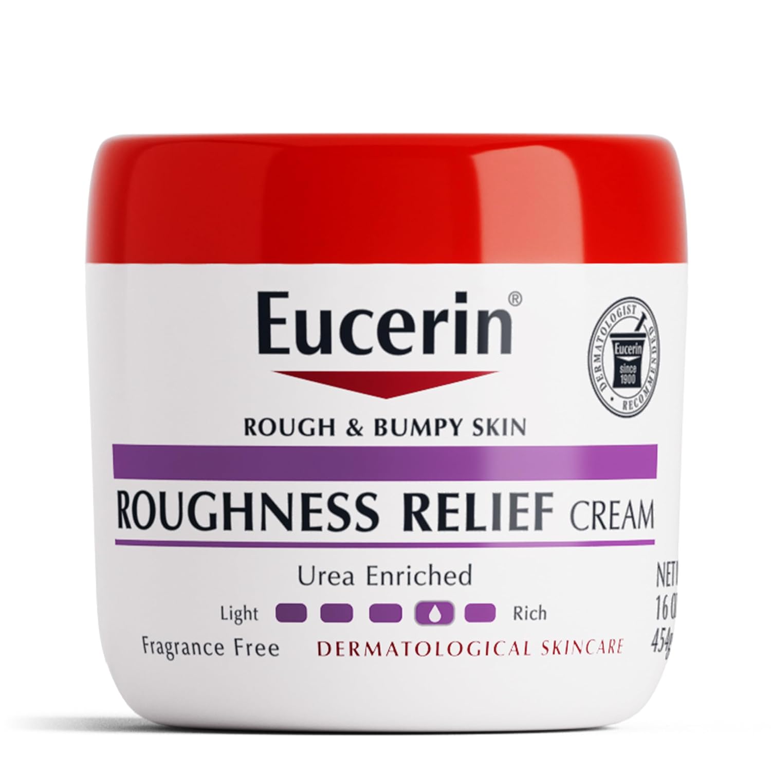 Eucerin Roughness Relief Cream 16 oz jar with red lid, urea enriched skincare product