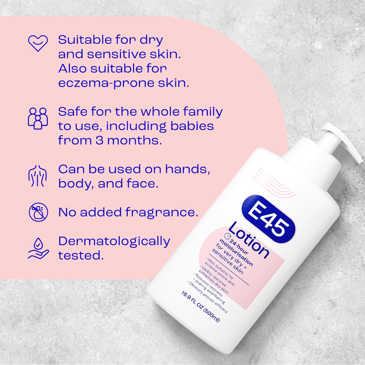 E45 Moisturising Lotion 500ml white pump bottle for dry sensitive skin