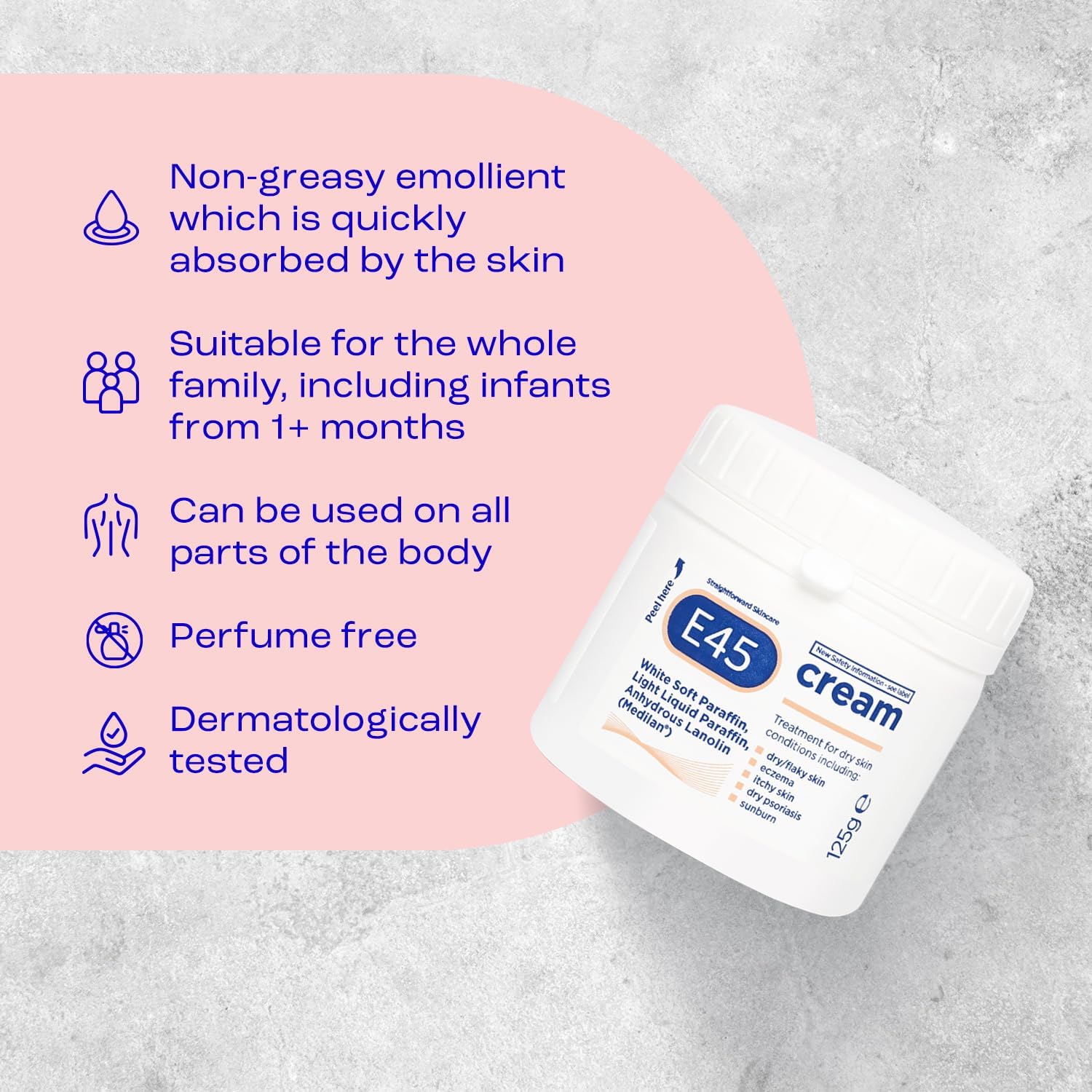 E45 Dermatological Cream 350g white jar with blue label on grey background