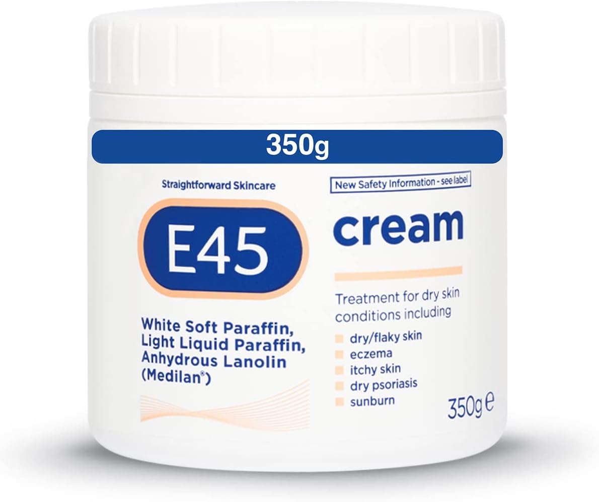 E45 Dermatological Cream 350g white jar for dry skin treatment