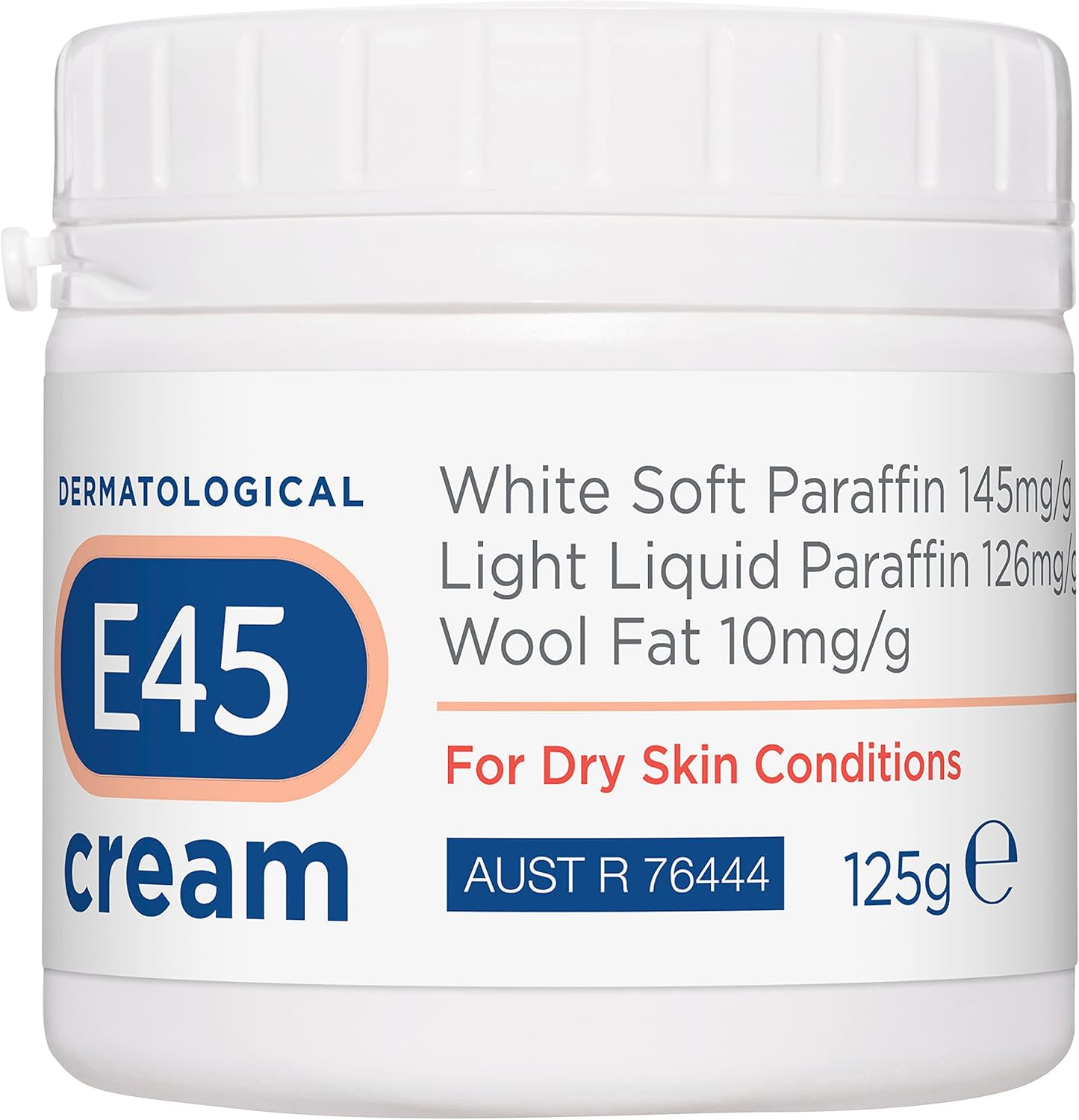 E45 Dermatological Cream 125g white jar for dry skin conditions