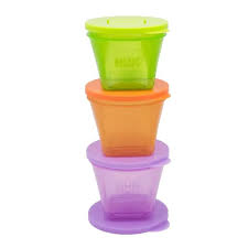 Nuk stackable food storage pots in green, orange and purple with lids