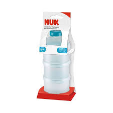 Nuk white and turquoise milk powder dispenser with red base