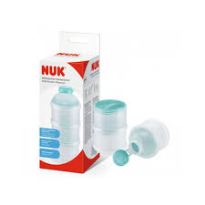Nuk milk powder dispenser with turquoise compartments and storage container