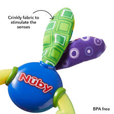 Nuby Wacky Teething Ring with textured surfaces, blue and purple, three months plus