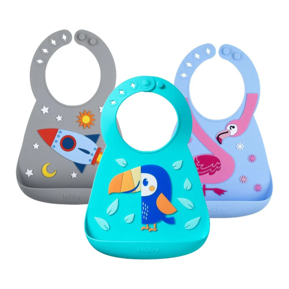 Nuby silicone 3D dribble bibs in turquoise, grey and light blue with designs