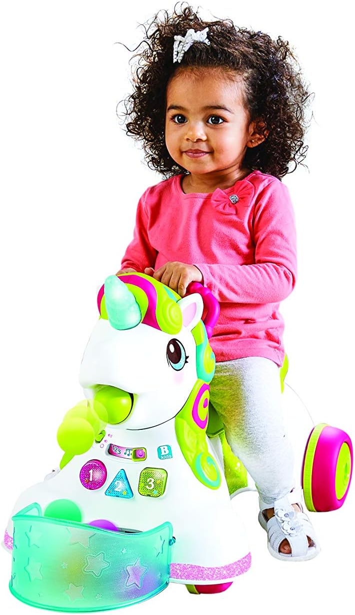 Infantino 3-in-1 Sit, Walk & Ride Unicorn with white body and colourful wheels
