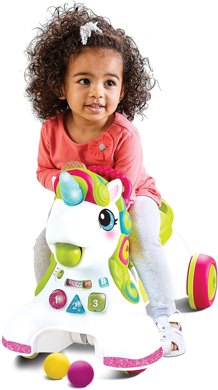 Infantino 3-in-1 Sit, Walk & Ride Unicorn with white body and multicoloured wheels