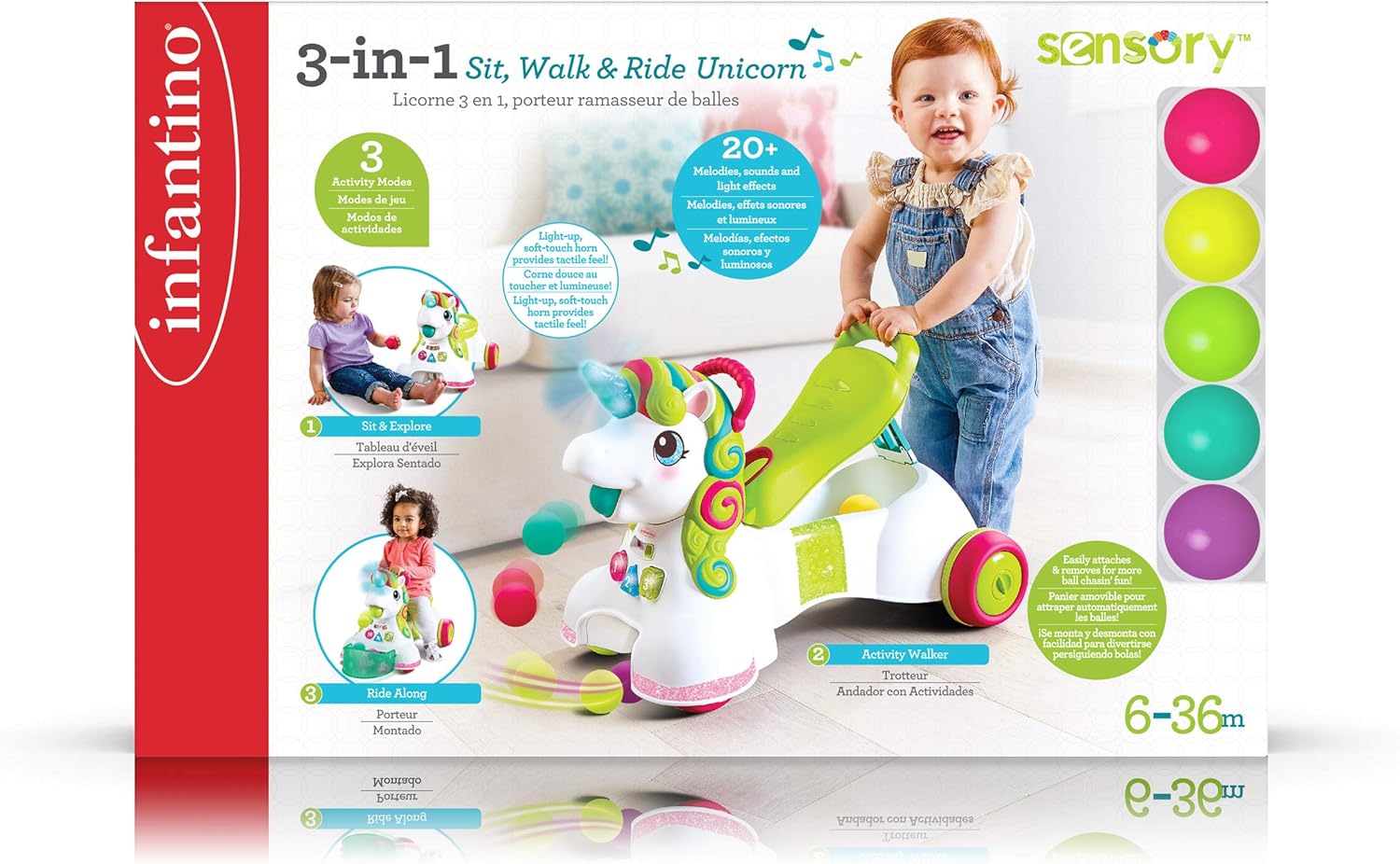 Infantino 3-in-1 Sit, Walk & Ride Unicorn with lights and sounds