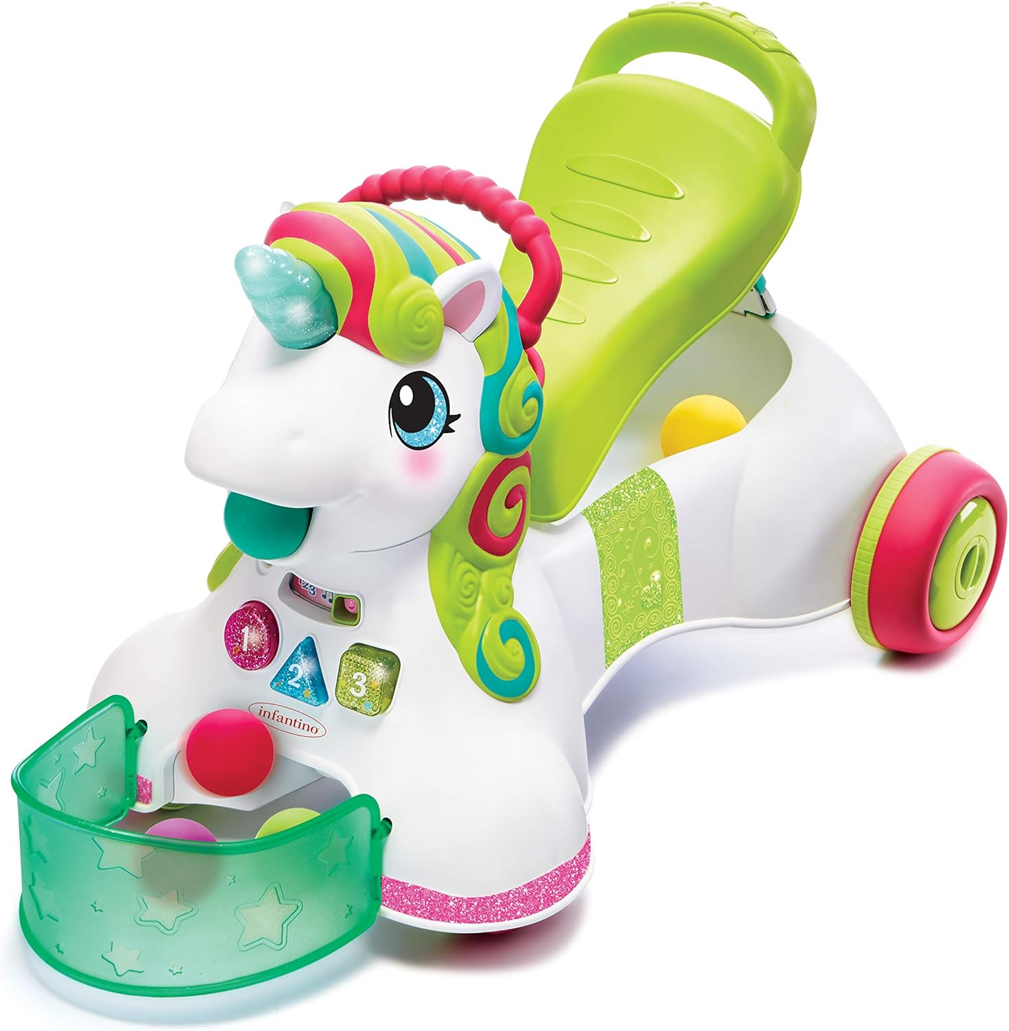 Infantino 3-in-1 Sit, Walk & Ride Unicorn with colourful mane and lime-green handle
