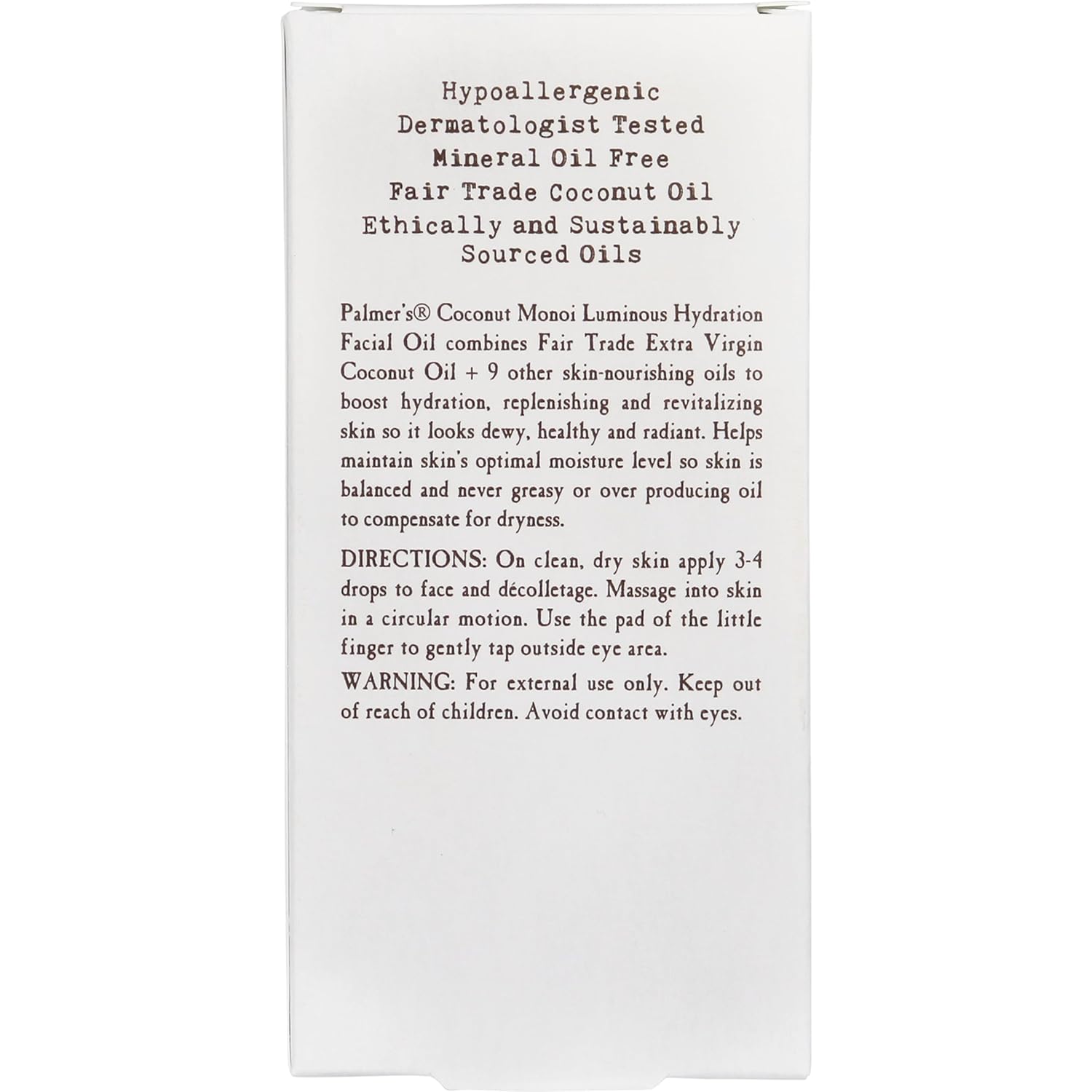 Palmer's Coconut Monoi Luminous Hydration Facial Oil 30 ml white box back
