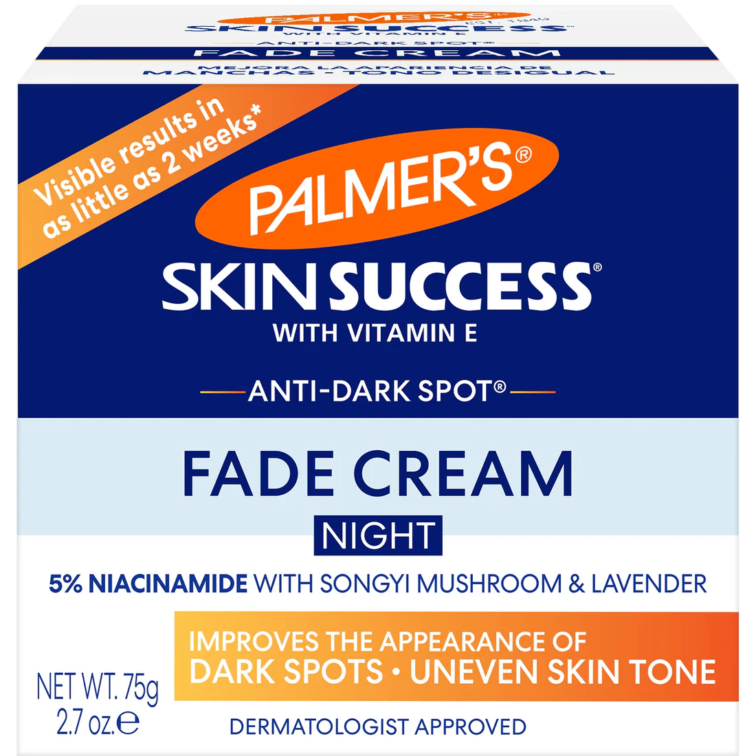 Palmer's Skin Success Anti-Dark Spot Night Fade Cream 75g jar packaging with blue and white box design