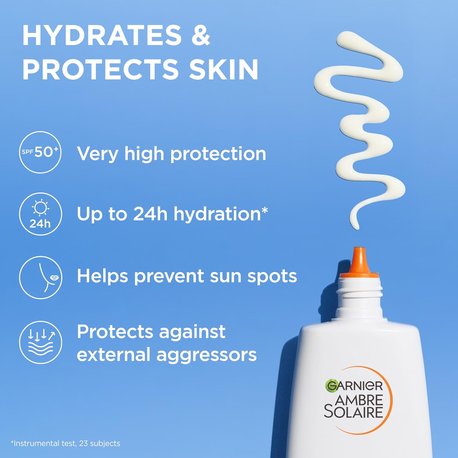 Garnier Ambre Solaire SPF 50+ Super UV Protection Fluid sunscreen bottle with orange pump cap