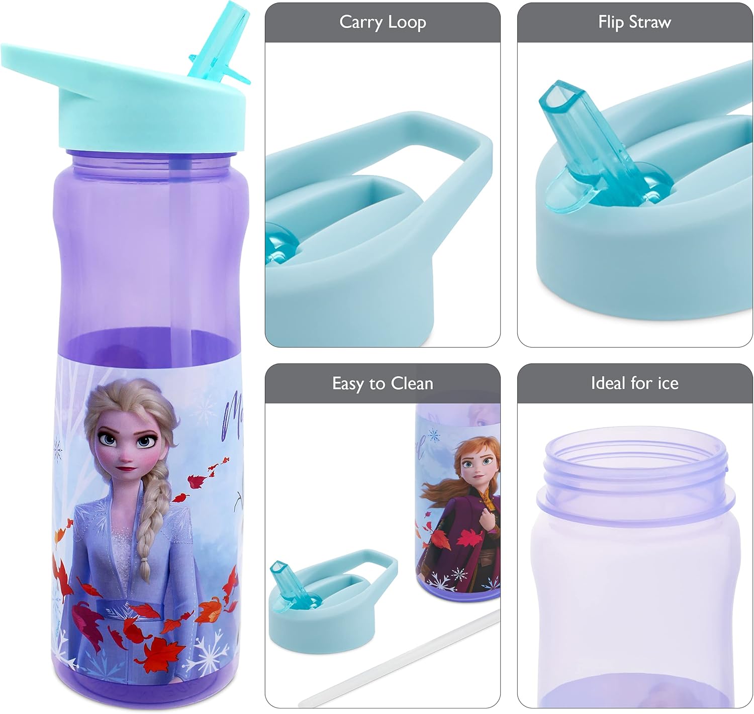 Disney Frozen II 600ml sports bottle with flip straw, turquoise and purple