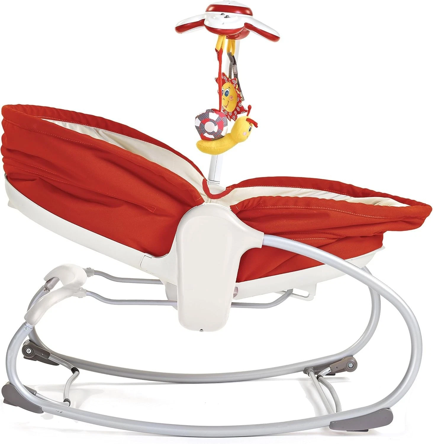 Tiny Love 3-in-1 Rocker Napper red and white infant seat with toy mobile