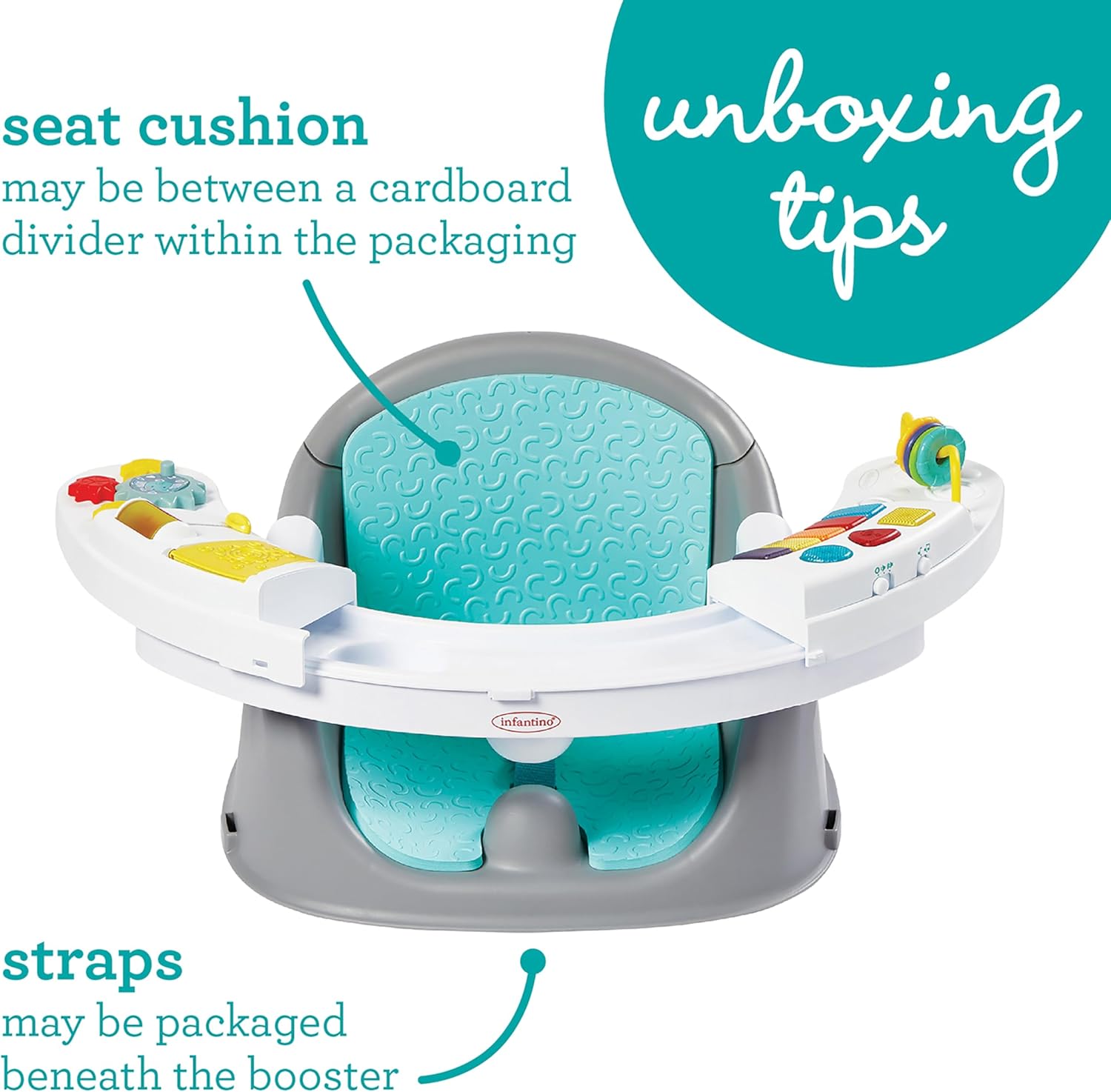 Infantino Music & Lights 3-in-1 Discovery Seat & Booster with turquoise cushion and white tray